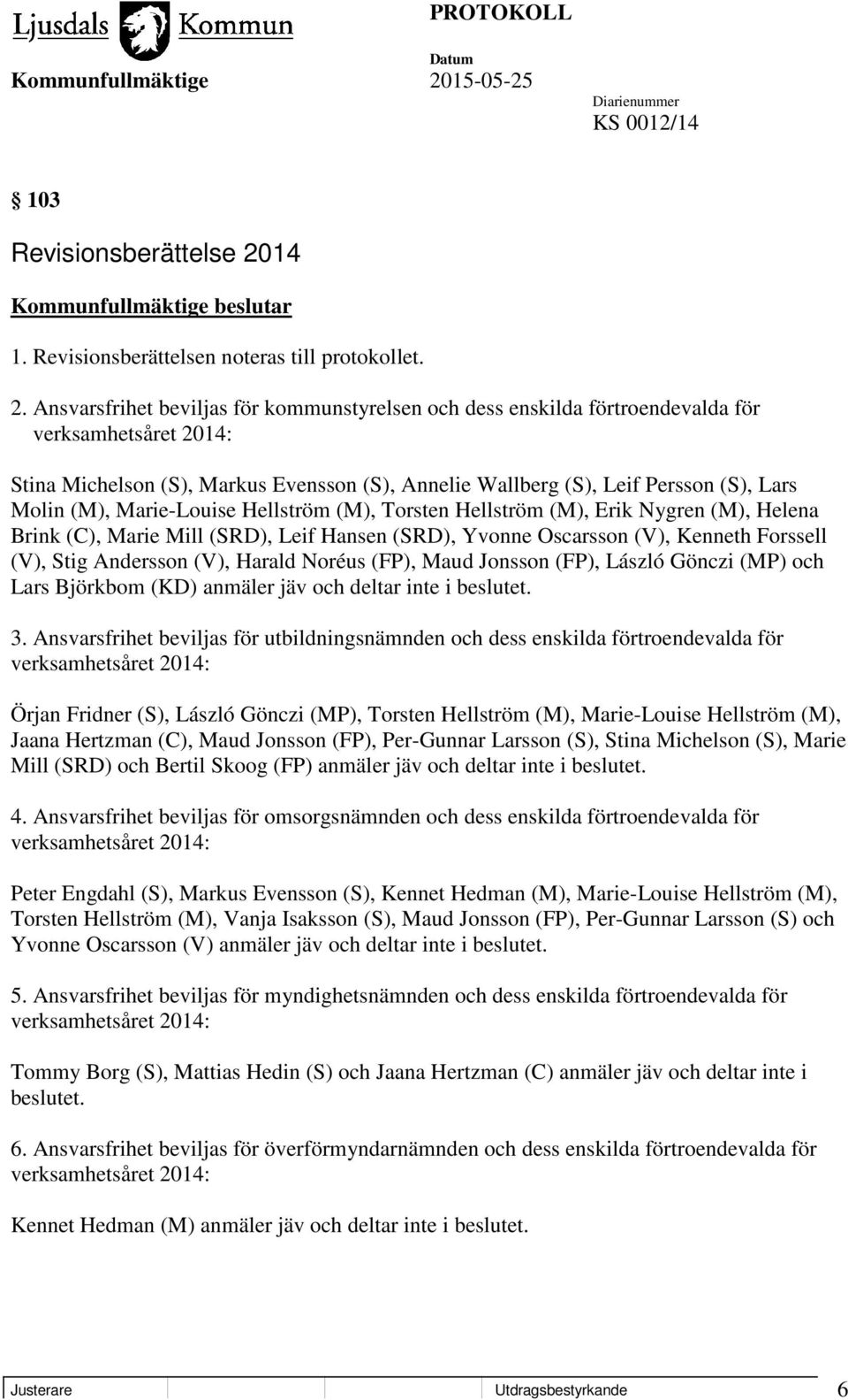 Ansvarsfrihet beviljas för kommunstyrelsen och dess enskilda förtroendevalda för verksamhetsåret 2014: Stina Michelson (S), Markus Evensson (S), Annelie Wallberg (S), Leif Persson (S), Lars Molin