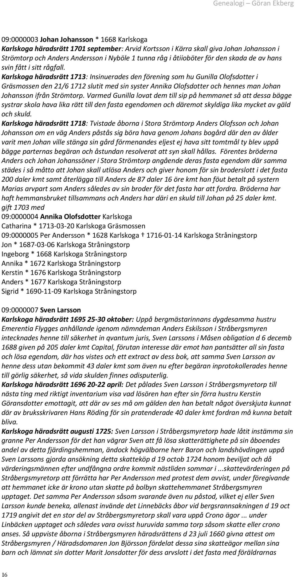 Karlskoga häradsrätt 1713: Insinuerades den förening som hu Gunilla Olofsdotter i Gräsmossen den 21/6 1712 slutit med sin syster Annika Olofsdotter och hennes man Johan Johansson ifrån Strömtorp.