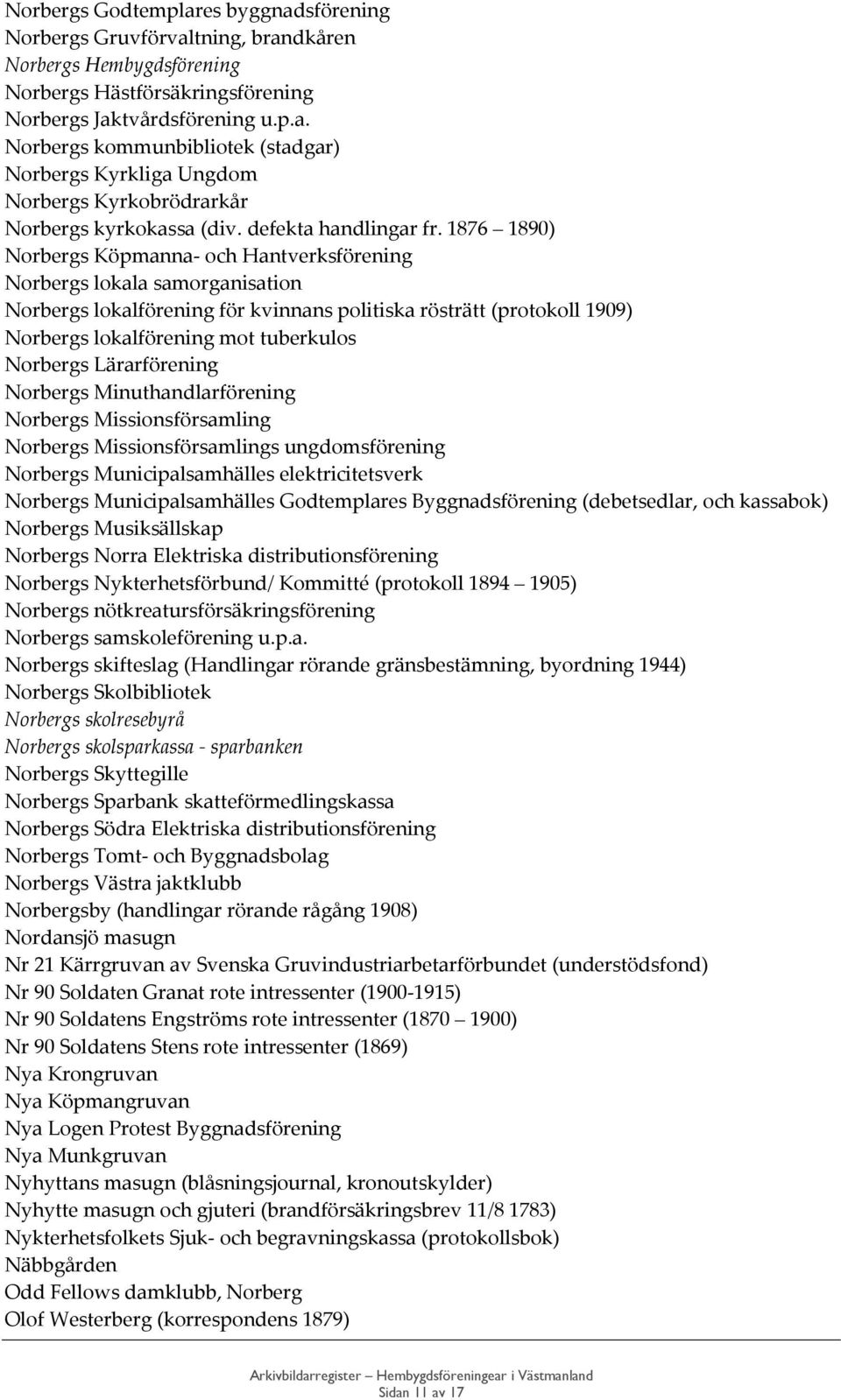 1876 1890) Norbergs Köpmanna- och Hantverksförening Norbergs lokala samorganisation Norbergs lokalförening för kvinnans politiska rösträtt (protokoll 1909) Norbergs lokalförening mot tuberkulos