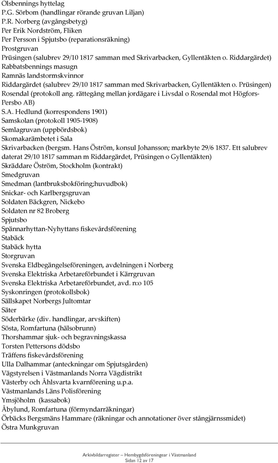 Riddargärdet) Rabbatsbennings masugn Ramnäs landstormskvinnor Riddargärdet (salubrev 29/10 1817 samman med Skrivarbacken, Gyllentäkten o. Prüsingen) Rosendal (protokoll ang.