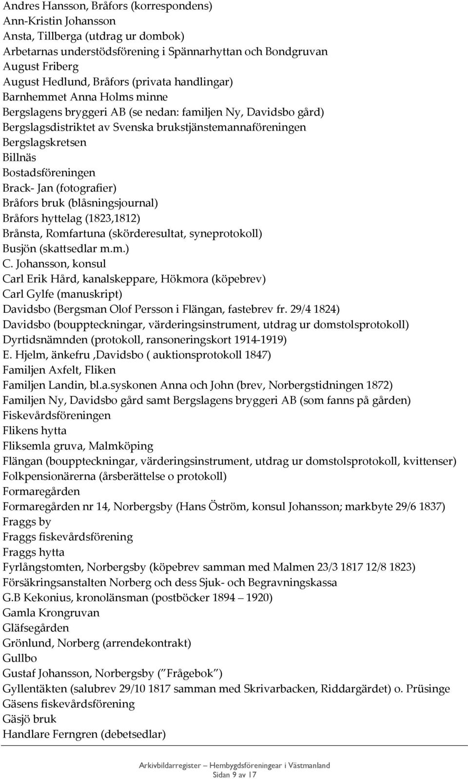 Bostadsföreningen Brack- Jan (fotografier) Bråfors bruk (blåsningsjournal) Bråfors hyttelag (1823,1812) Brånsta, Romfartuna (skörderesultat, syneprotokoll) Busjön (skattsedlar m.m.) C.