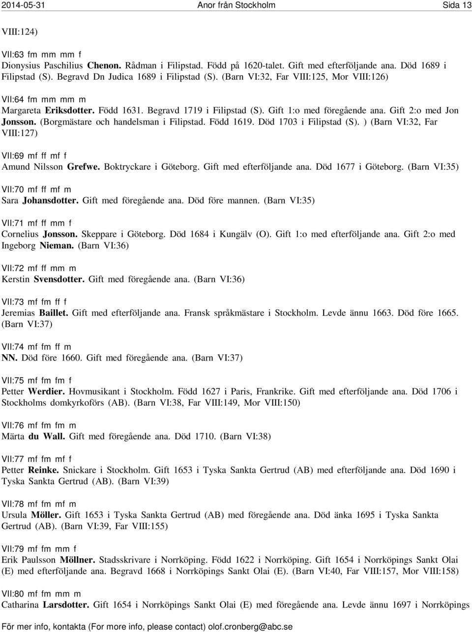 Gift 2:o med Jon Jonsson. (Borgmästare och handelsman i Filipstad. Född 1619. Död 1703 i Filipstad (S). ) (Barn VI:32, Far VIII:127) VII:69 mf ff mf f Amund Nilsson Grefwe. Boktryckare i Göteborg.