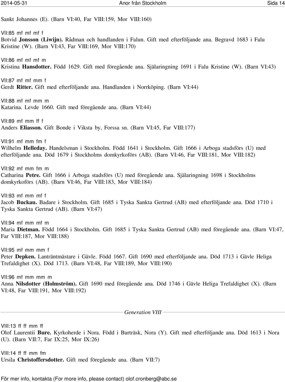 Själaringning 1691 i Falu Kristine (W). (Barn VI:43) VII:87 mf mf mm f Gerdt Ritter. Gift med efterföljande ana. Handlanden i Norrköping. (Barn VI:44) VII:88 mf mf mm m Katarina. Levde 1660.