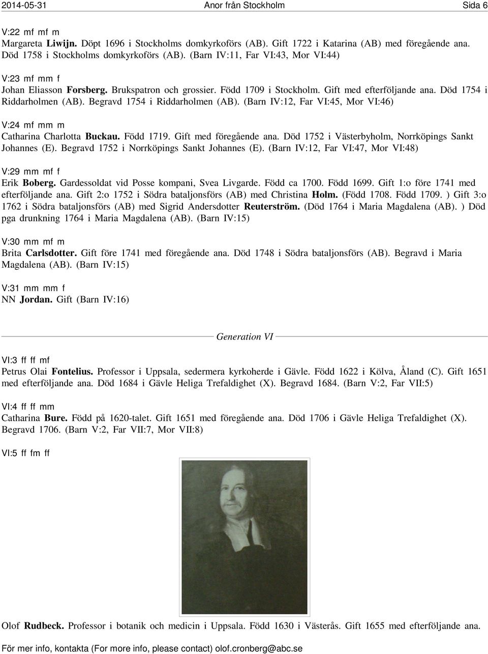 Begravd 1754 i Riddarholmen (AB). (Barn IV:12, Far VI:45, Mor VI:46) V:24 mf mm m Catharina Charlotta Buckau. Född 1719. Gift med föregående ana.