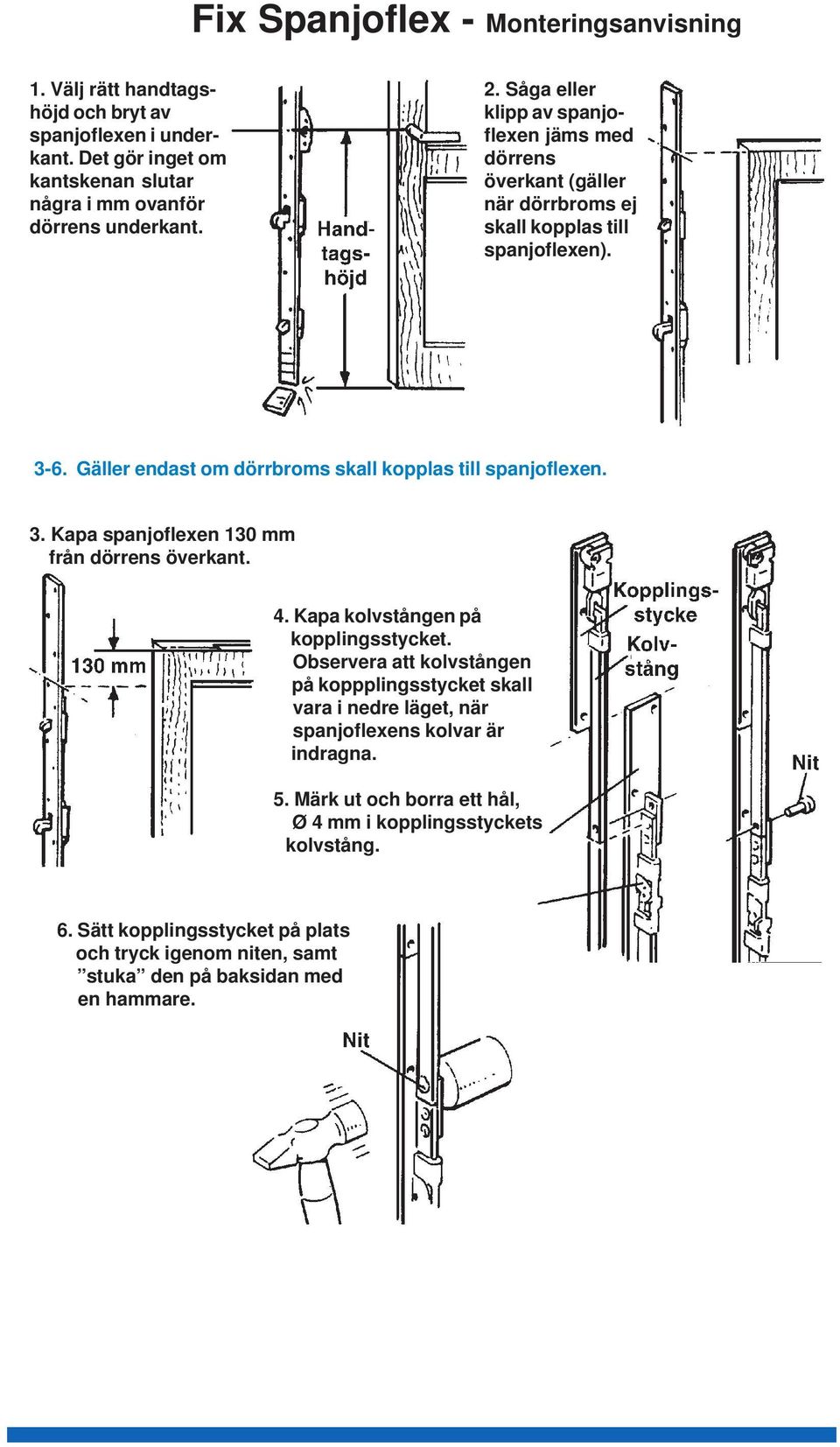 3. Kapa spanjoflexen 130 mm från dörrens överkant. 4. Kapa kolvstången på kopplingsstycket.