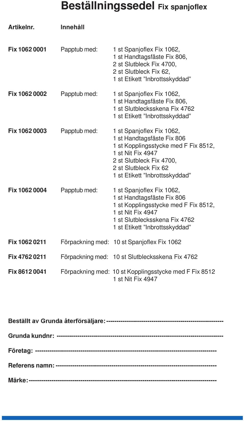 Spanjoflex Fix 1062, 1 st Handtagsfäste Fix 806, 1 st Slutblecksskena Fix 4762 1 st Etikett Inbrottsskyddad Fix 1062 0003 Papptub med: 1 st Spanjoflex Fix 1062, 1 st Handtagsfäste Fix 806 1 st