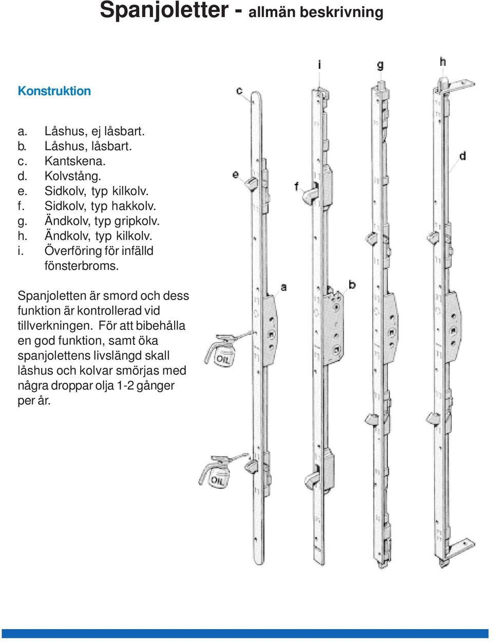 Överföring för infälld fönsterbroms. Spanjoletten är smord och dess funktion är kontrollerad vid tillverkningen.