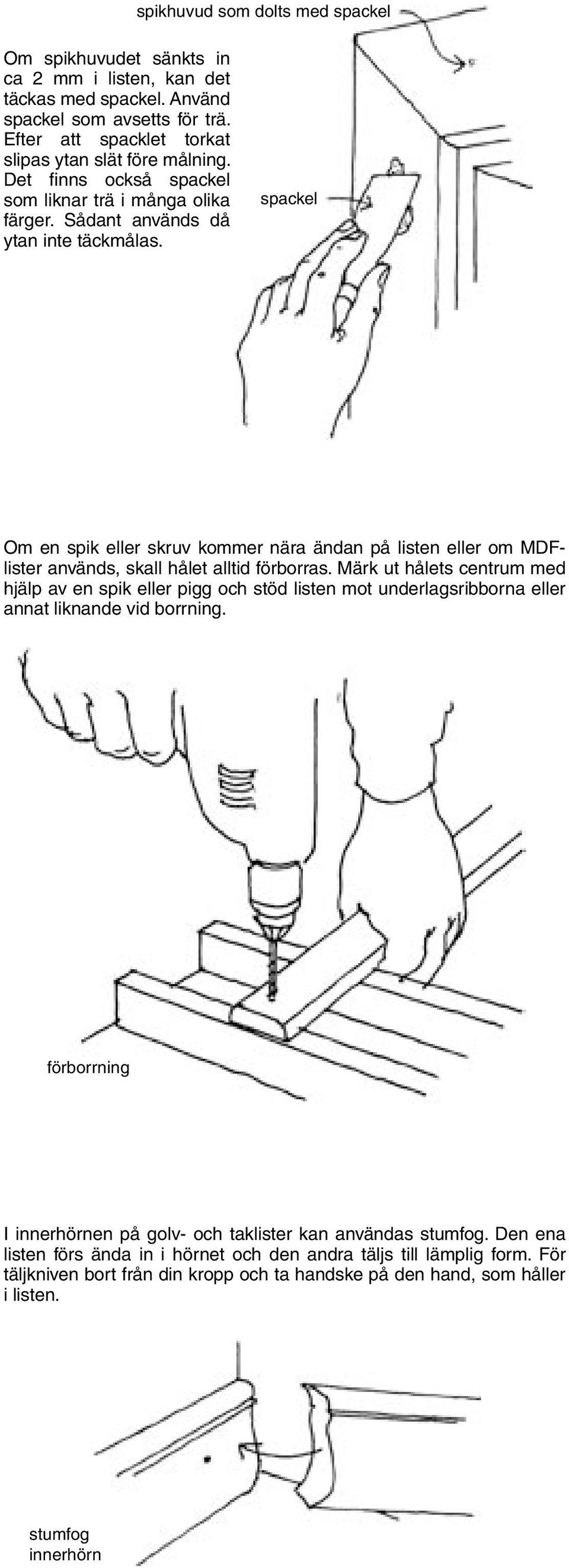 spackel Om en spik eller skruv kommer nära ändan på listen eller om MDFlister används, skall hålet alltid förborras.