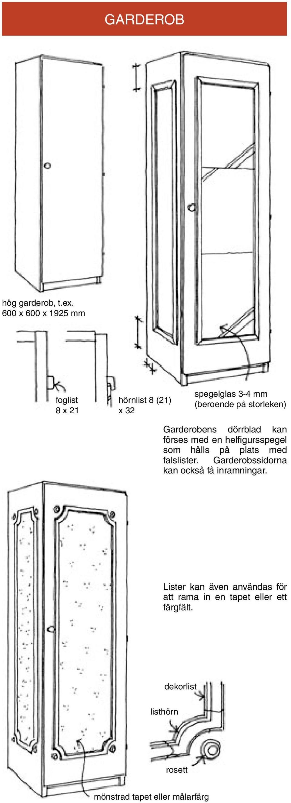 storleken) Garderobens dörrblad kan förses med en helfigursspegel som hålls på plats med