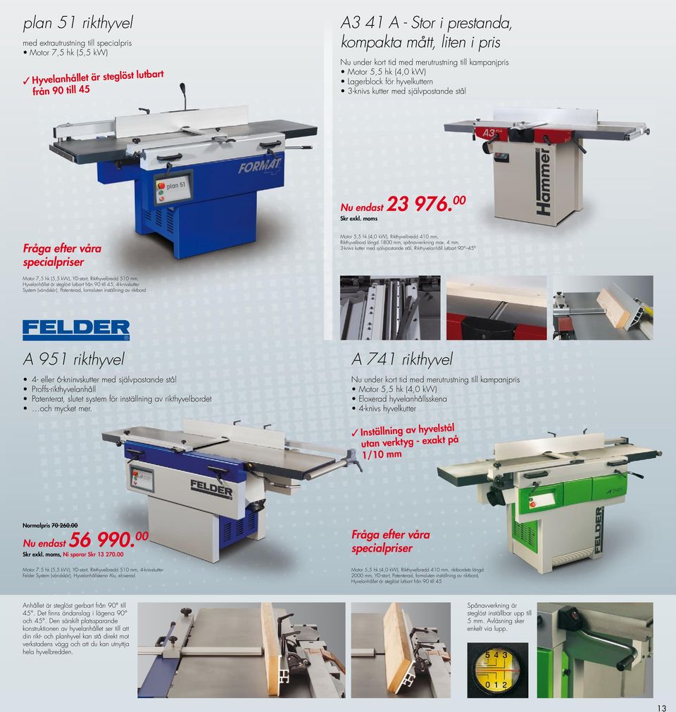 00 Fråga efter våra specialpriser Motor 5,5 hk (4,0 kw), Rikthyvelbredd 410 mm, Rikthyvelbord längd 1800 mm, spånavverkning max.