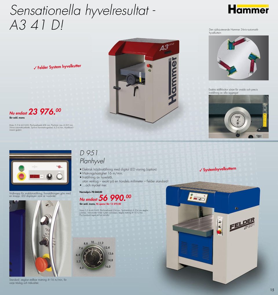 00 Motor 5,5 hk (4,0 kw), Planhyvelbredd 406 mm, Planhöjd, max 4 225 mm, 3-knivs automathyvelkutter, Synkron frammatningsväxel, 6,5 m/min, Hyvelbord i massivt gjutjärn D 951 Planhyvel Elektrisk