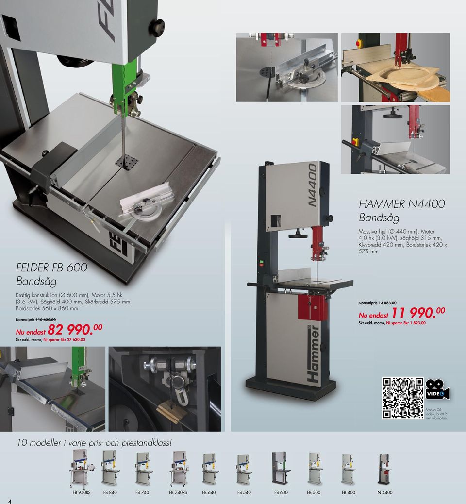 00 HAMMER N4400 Bandsåg Massiva hjul (Ø 440 mm), Motor 4,0 hk (3,0 kw), såghöjd 315 mm, Klyvbredd 420 mm, Bordstorlek 420 x 575 mm Normalpris