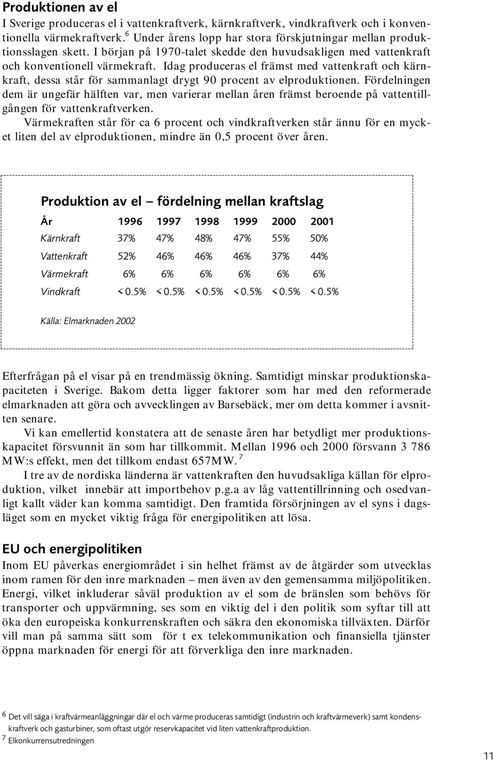 Idag produceras el främst med vattenkraft och kärnkraft, dessa står för sammanlagt drygt 90 procent av elproduktionen.