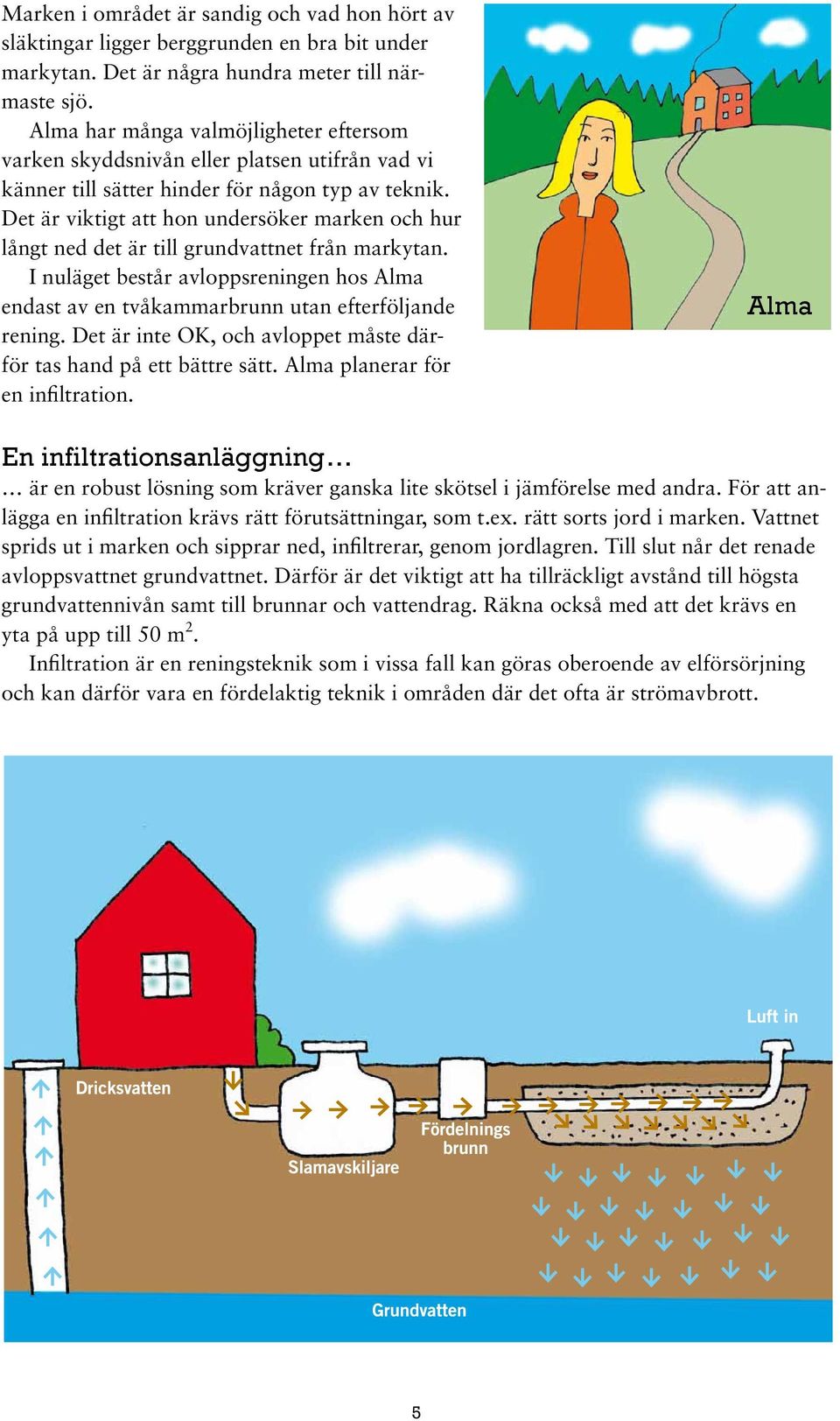 Det är viktigt att hon undersöker marken och hur långt ned det är till grundvattnet från markytan. I nuläget består avloppsreningen hos Alma endast av en tvåkammarbrunn utan efterföljande rening.