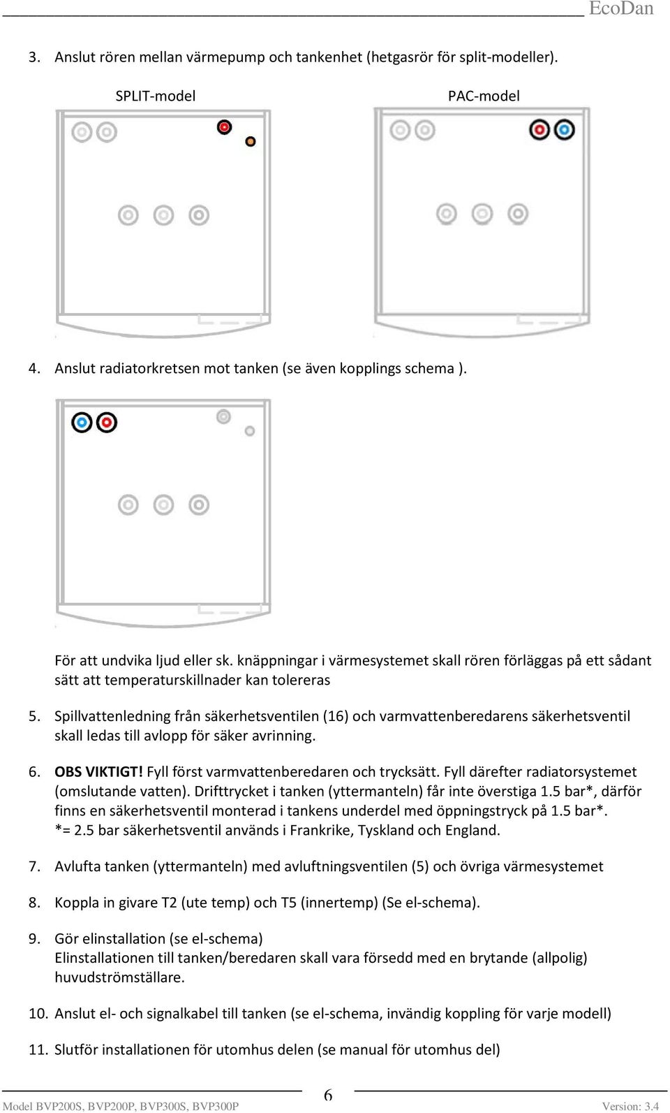 Spillvattenledning från säkerhetsventilen (16) och varmvattenberedarens säkerhetsventil skall ledas till avlopp för säker avrinning. 6. OBS VIKTIGT! Fyll först varmvattenberedaren och trycksätt.