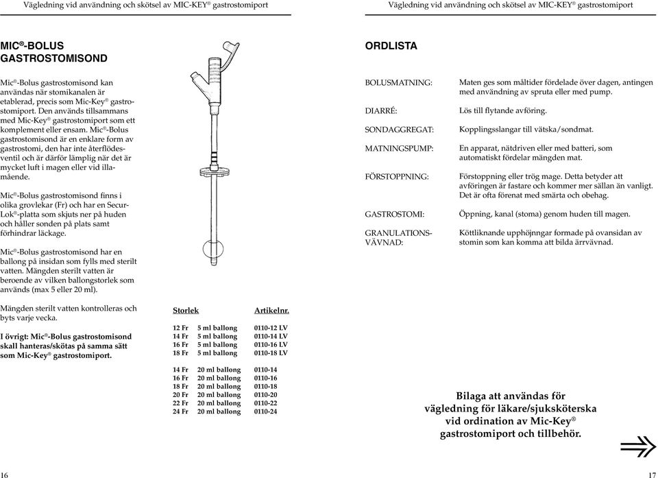 Mic -Bolus gastrostomisond är en enklare form av gastrostomi, den har inte återflödesventil och är därför lämplig när det är mycket luft i magen eller vid illamående.