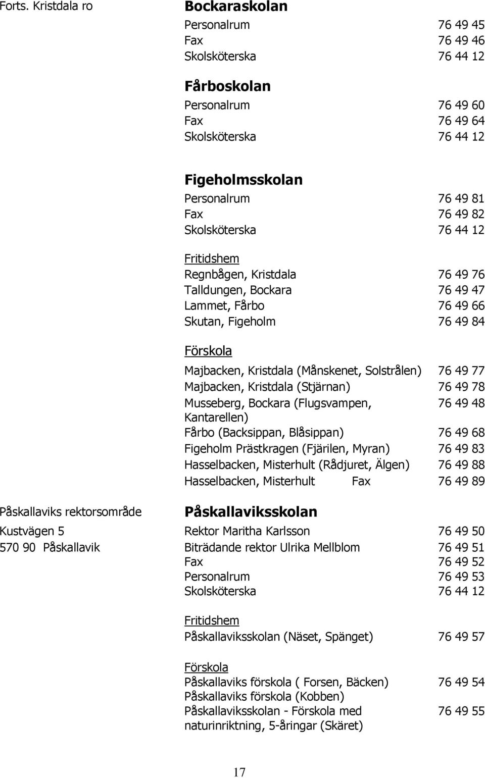 Personalrum 76 49 81 Fax 76 49 82 Skolsköterska 76 44 12 Fritidshem Regnbågen, Kristdala 76 49 76 Talldungen, Bockara 76 49 47 Lammet, Fårbo 76 49 66 Skutan, Figeholm 76 49 84 Förskola Majbacken,