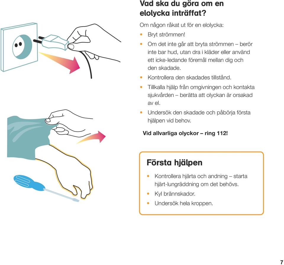 Kontrollera den skadades tillstånd. Tillkalla hjälp från omgivningen och kontakta sjukvården berätta att olyckan är orsakad av el.