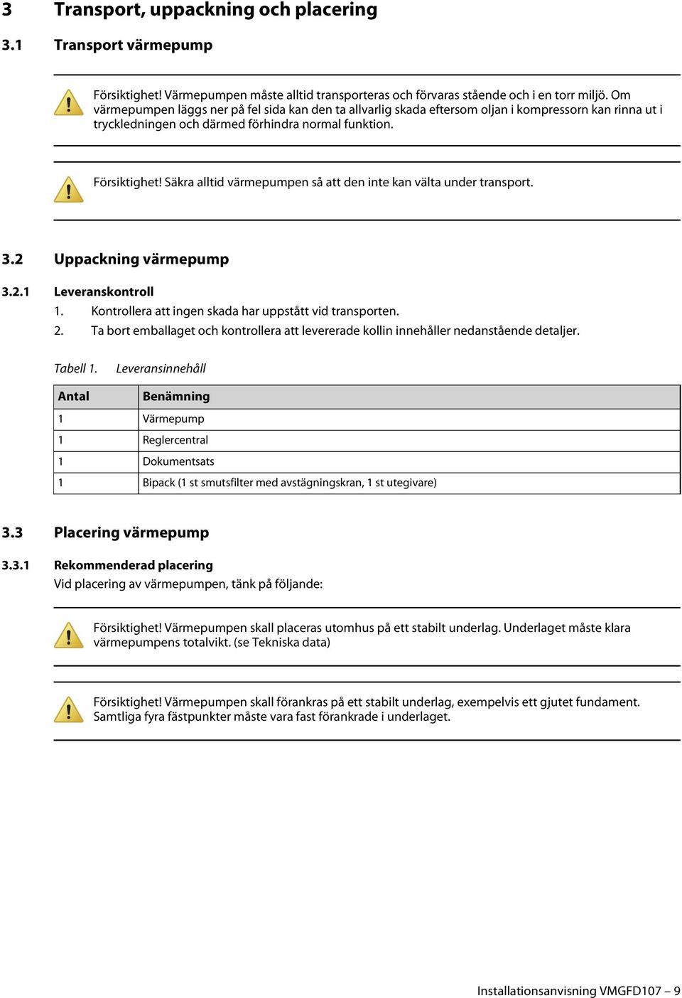 Säkra alltid värmepumpen så att den inte kan välta under transport. 3.2 Uppackning värmepump 3.2.1 Leveranskontroll 1. Kontrollera att ingen skada har uppstått vid transporten. 2.