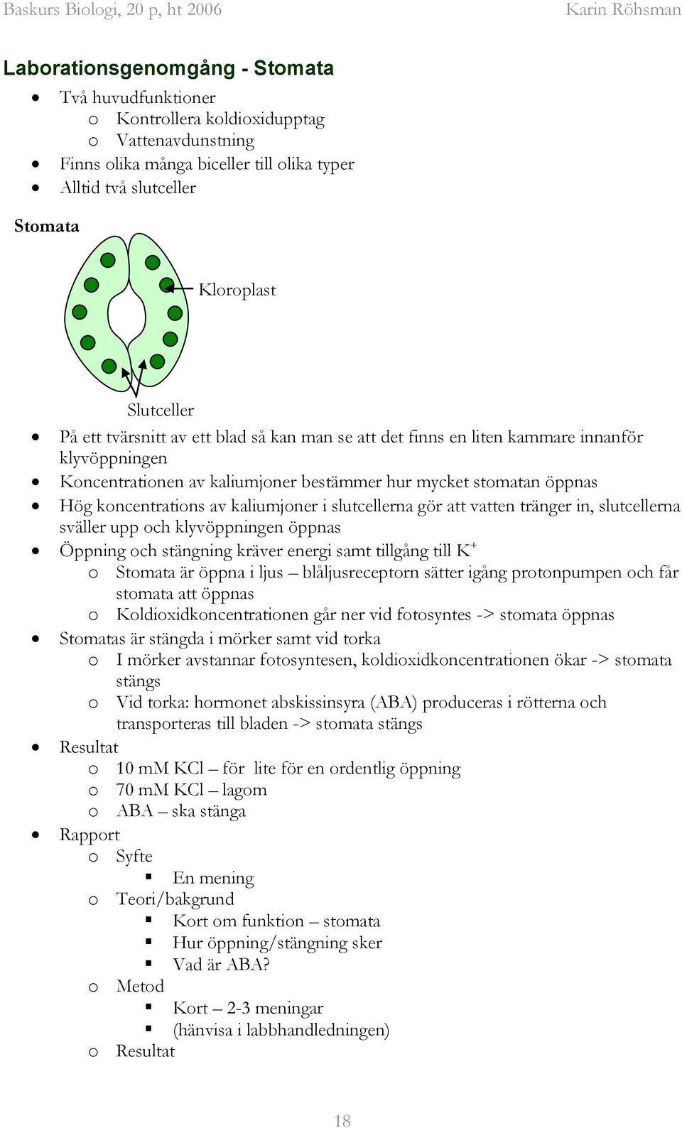 slutcellerna gör att vatten tränger in, slutcellerna sväller upp och klyvöppningen öppnas Öppning och stängning kräver energi samt tillgång till K + o Stomata är öppna i ljus blåljusreceptorn sätter