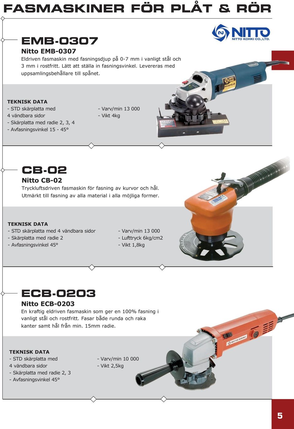- STD skärplatta med 4 vändbara sidor - Skärplatta med radie 2, 3, 4 - Avfasningsvinkel 15-45 - Varv/min 13 000 - Vikt 4kg CB-02 Nitto CB-02 Tryckluftsdriven fasmaskin för fasning av kurvor och hål.