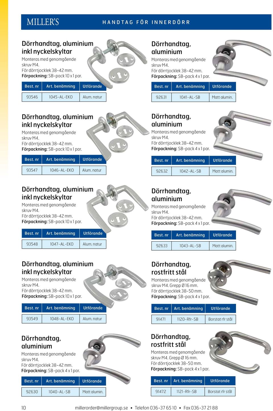 Dörrhandtag, aluminium inkl nyckelskyltar Monteras med genomgående skruv M4. För dörrtjocklek 38-42 mm. Förpackning: SB-pack 10 x 1 par. 93547 1046-AL-EKO Alum.