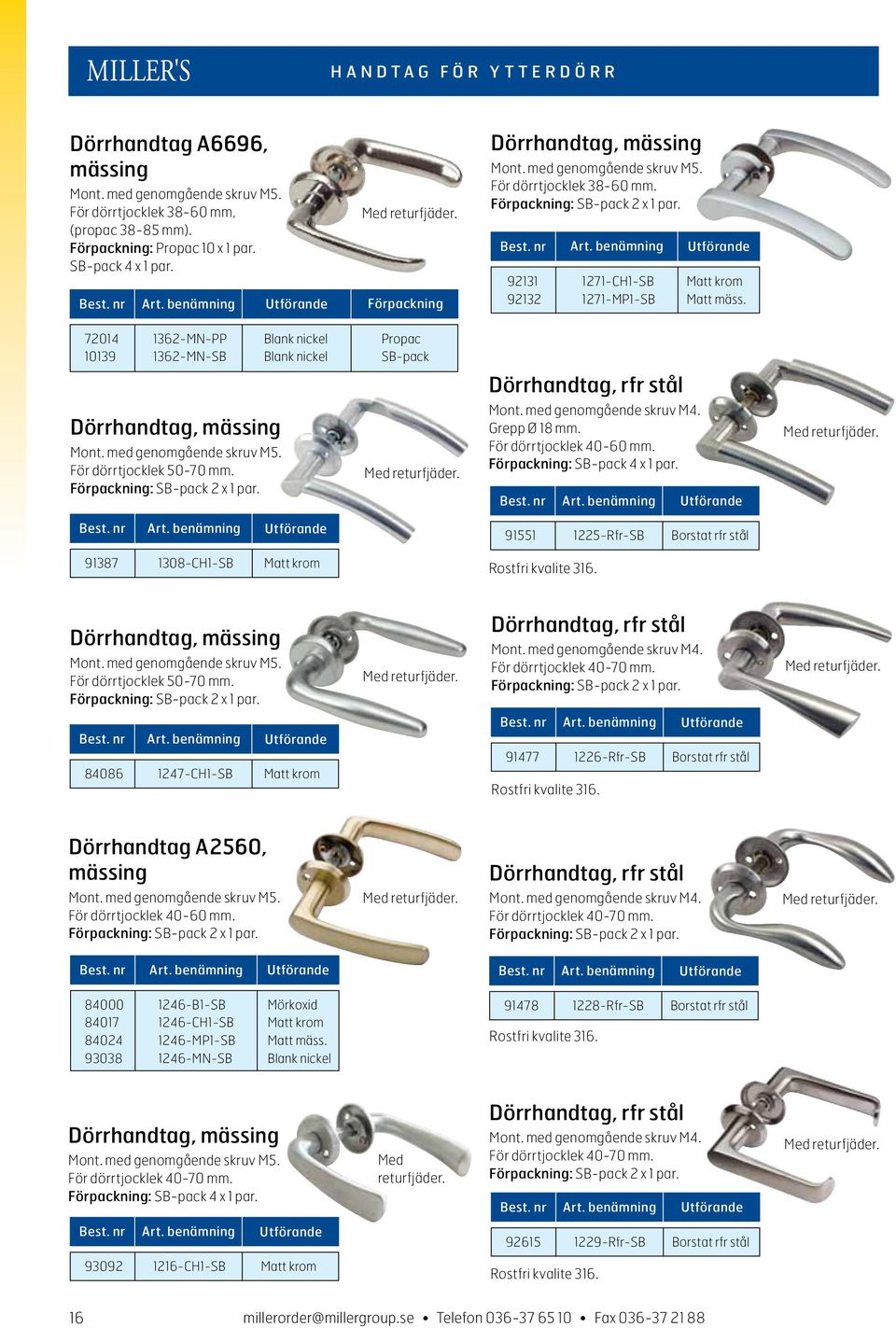 72014 1362-MN-PP Blank nickel Propac 10139 1362-MN-SB Blank nickel SB-pack Dörrhandtag, mässing Mont. med genomgående skruv M5. För dörrtjocklek 50-70 mm. Förpackning: SB-pack 2 x 1 par.