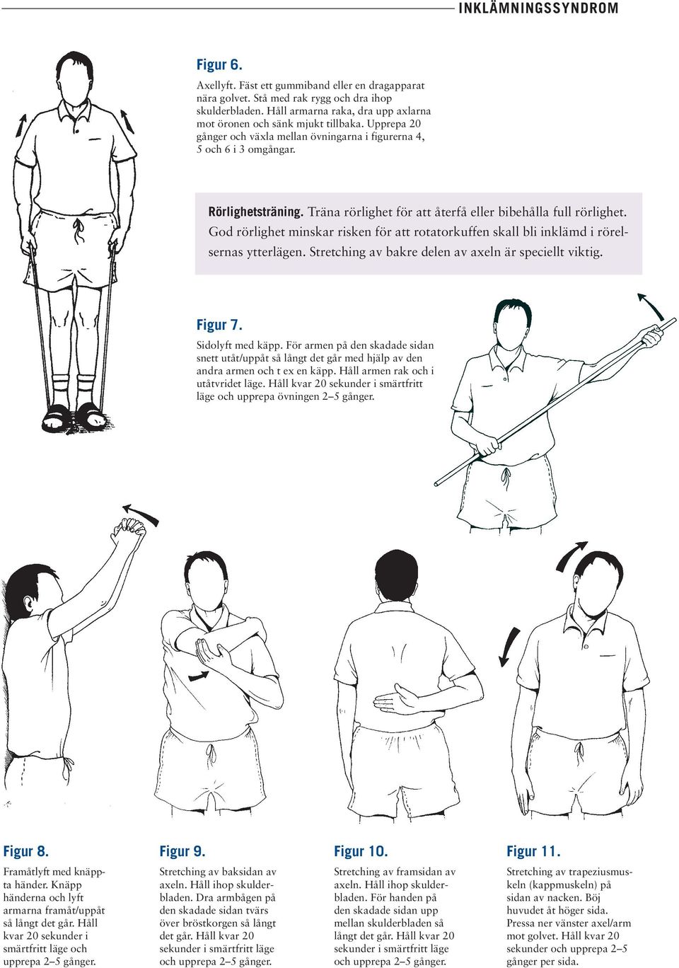 God rörlighet minskar risken för att rotatorkuffen skall bli inklämd i rörelsernas ytterlägen. Stretching av bakre delen av axeln är speciellt viktig. Figur 7. Sidolyft med käpp.