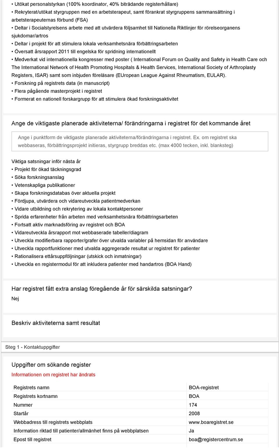 förbättringsarbeten Översatt årsrapport 2011 till engelska för spridning internationellt Medverkat vid internationella kongresser med poster ( International Forum on Quality and Safety in Health Care