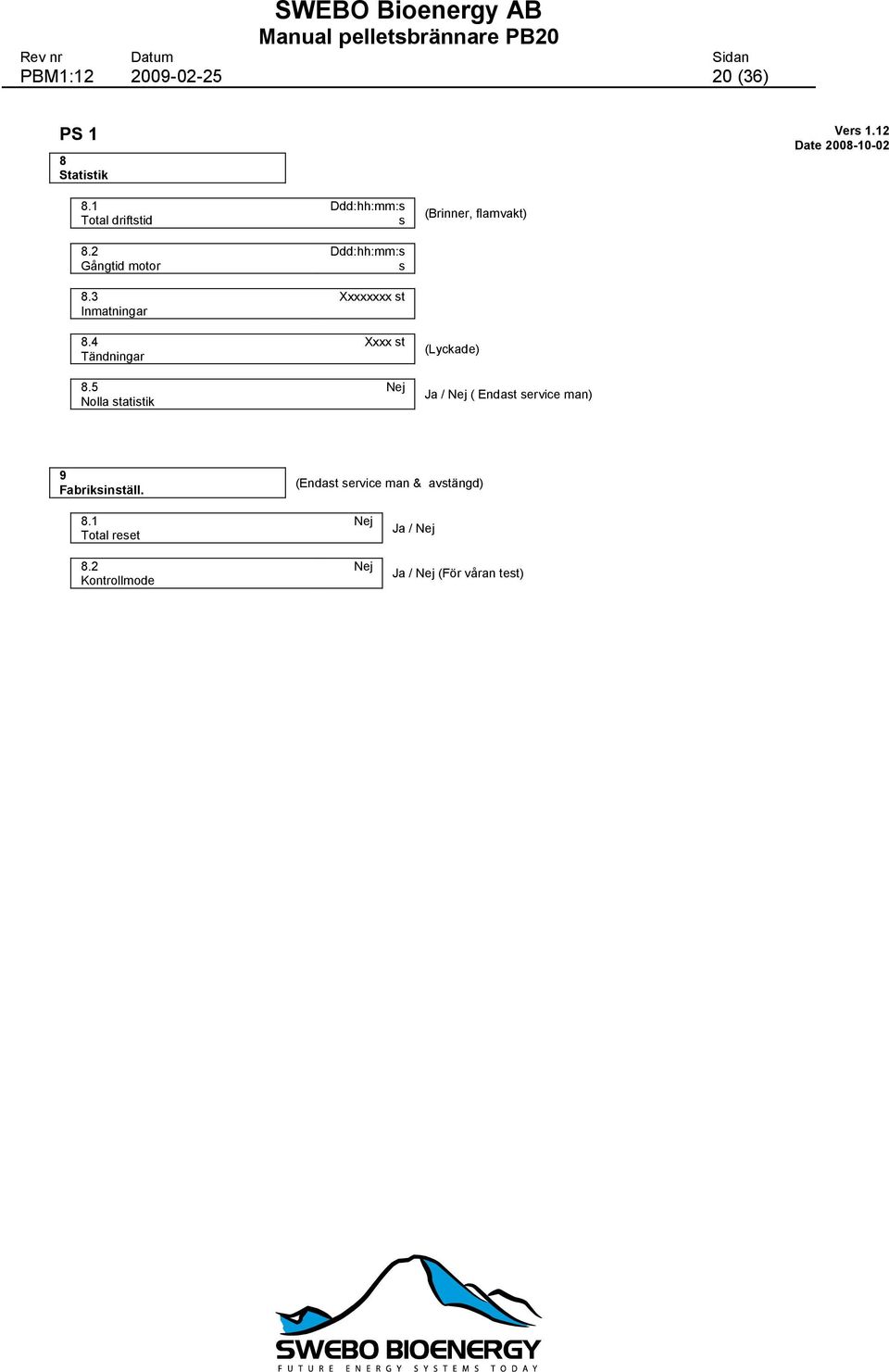 5 Nolla statistik Ddd:hh:mm:s s Ddd:hh:mm:s s Xxxxxxxx st Xxxx st Nej (Brinner, flamvakt) (Lyckade)