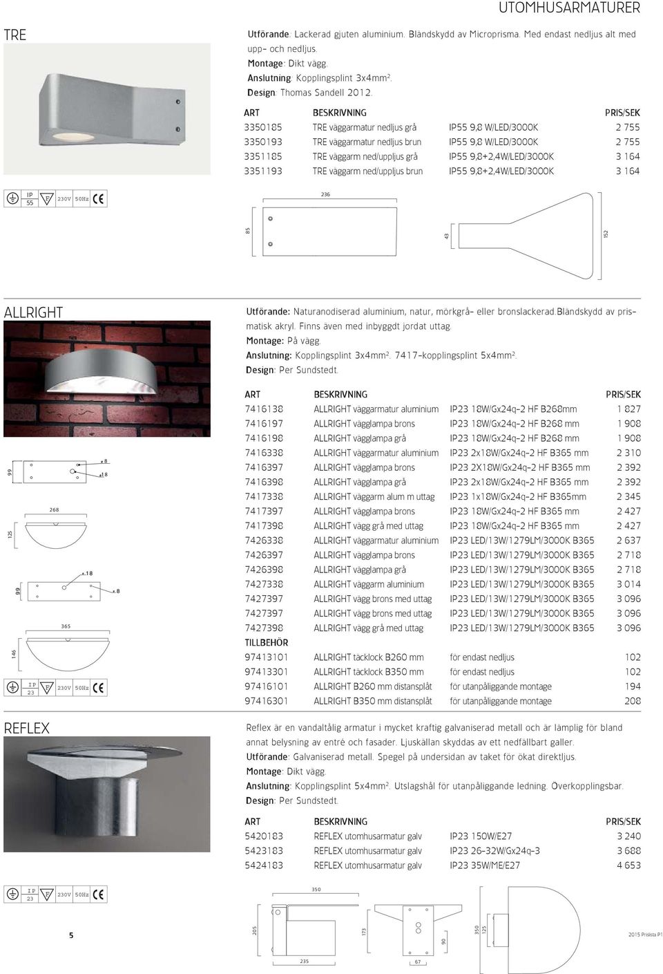 3350185 TRE väggarmatur nedljus grå 55 9,8 W/LED/3000K 2 755 3350193 TRE väggarmatur nedljus brun 55 9,8 W/LED/3000K 2 755 3351185 TRE väggarm ned/uppljus grå 55 9,8+2,4W/LED/3000K 3 164 3351193 TRE