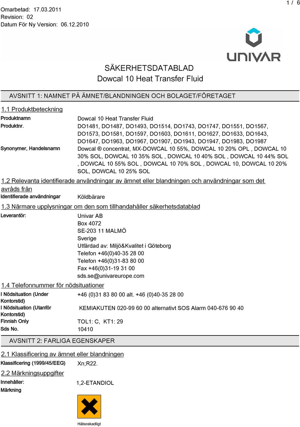 Handelsnamn Dowcal concentrat, MX-DOWCAL 10 55%, DOWCAL 10 20% OPL, DOWCAL 10 30% SOL, DOWCAL 10 35% SOL, DOWCAL 10 40% SOL, DOWCAL 10 44% SOL, DOWCAL 10 55% SOL, DOWCAL 10 70% SOL, DOWCAL 10, DOWCAL