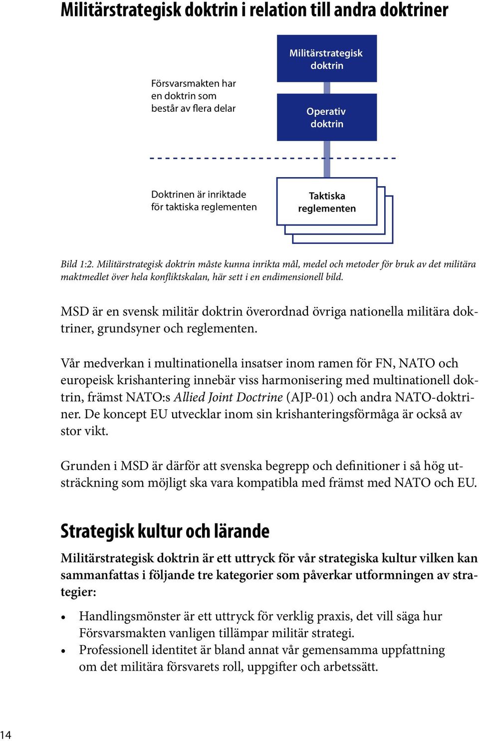 Militärstrategisk doktrin måste kunna inrikta mål, medel och metoder för bruk av det militära maktmedlet över hela konfliktskalan, här sett i en endimensionell bild.
