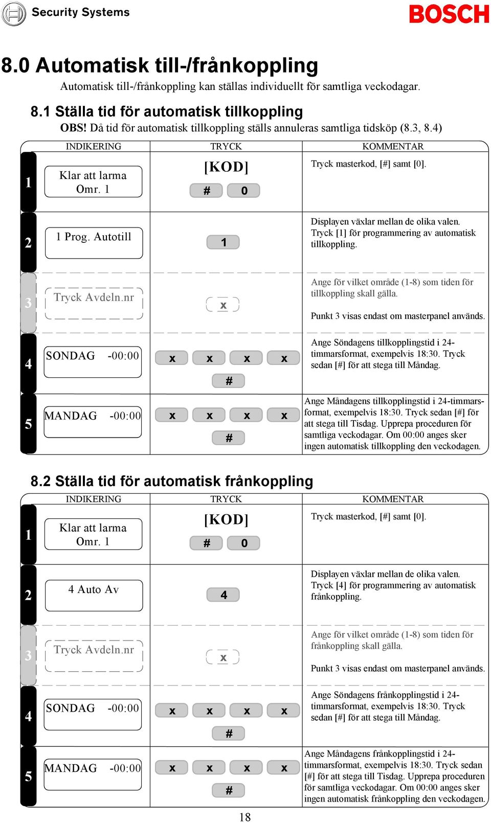 Tryck [] för programmering av automatisk tillkoppling. Tryck Avdeln.nr Ange för vilket område (-8) som tiden för tillkoppling skall gälla. Punkt visas endast om masterpanel används.