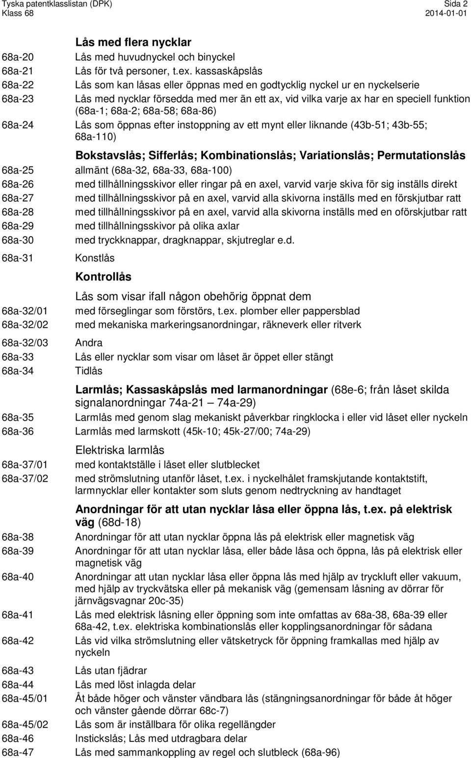 68a-2; 68a-58; 68a-86) 68a-24 Lås som öppnas efter instoppning av ett mynt eller liknande (43b-51; 43b-55; 68a-110) Bokstavslås; Sifferlås; Kombinationslås; Variationslås; Permutationslås 68a-25