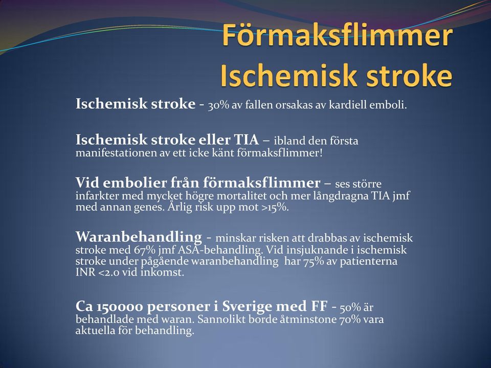 Waranbehandling - minskar risken att drabbas av ischemisk stroke med 67% jmf ASA-behandling.