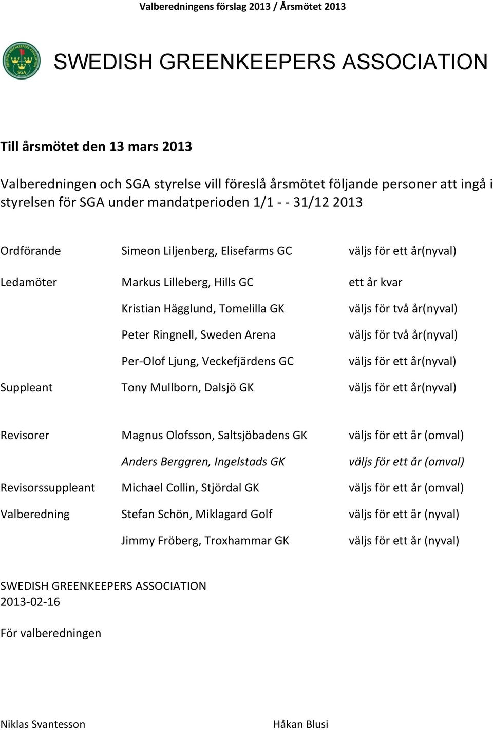 Tomelilla GK Peter Ringnell, Sweden Arena Per-Olof Ljung, Veckefjärdens GC väljs för två år(nyval) väljs för två år(nyval) väljs för ett år(nyval) Suppleant Tony Mullborn, Dalsjö GK väljs för ett