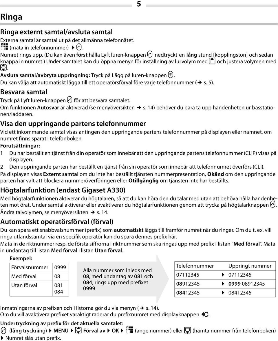 ) Under samtalet kan du öppna menyn för inställning av lurvolym med t och justera volymen med u. Avsluta samtal/avbryta uppringning: Tryck på Lägg på luren-knappen a.