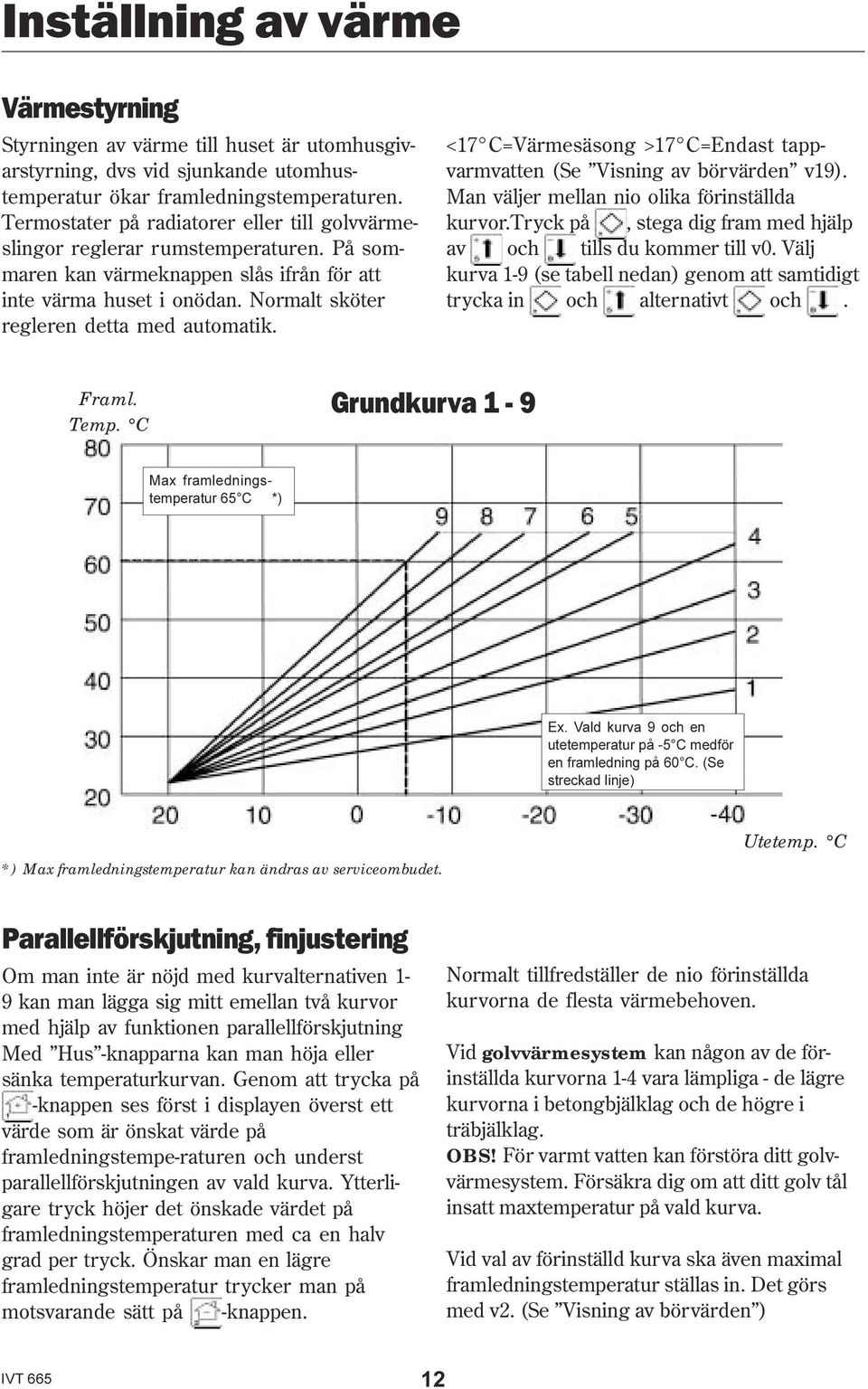 <17 C=Värmesäsong >17 C=Endast tappvarmvatten (Se Visning av börvärden v19). Man väljer mellan nio olika förinställda kurvor.tryck på, stega dig fram med hjälp av och tills du kommer till v.