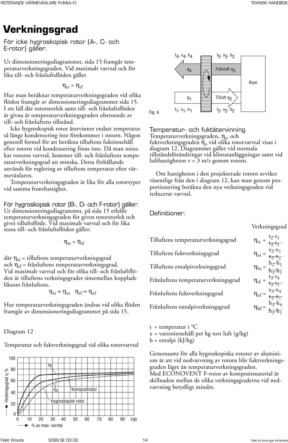 I ett fall där rotorstorlek samt till- och frånluftsflöden är givna är temperaturverkningsgraden oberoende av till- och frånluftens tillstånd.