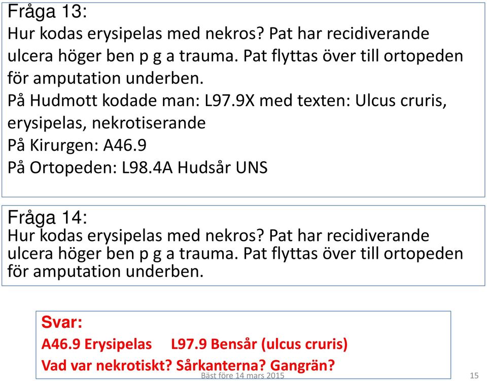 9X med texten: Ulcus cruris, erysipelas, nekrotiserande På Kirurgen: A46.9 På Ortopeden: L98.