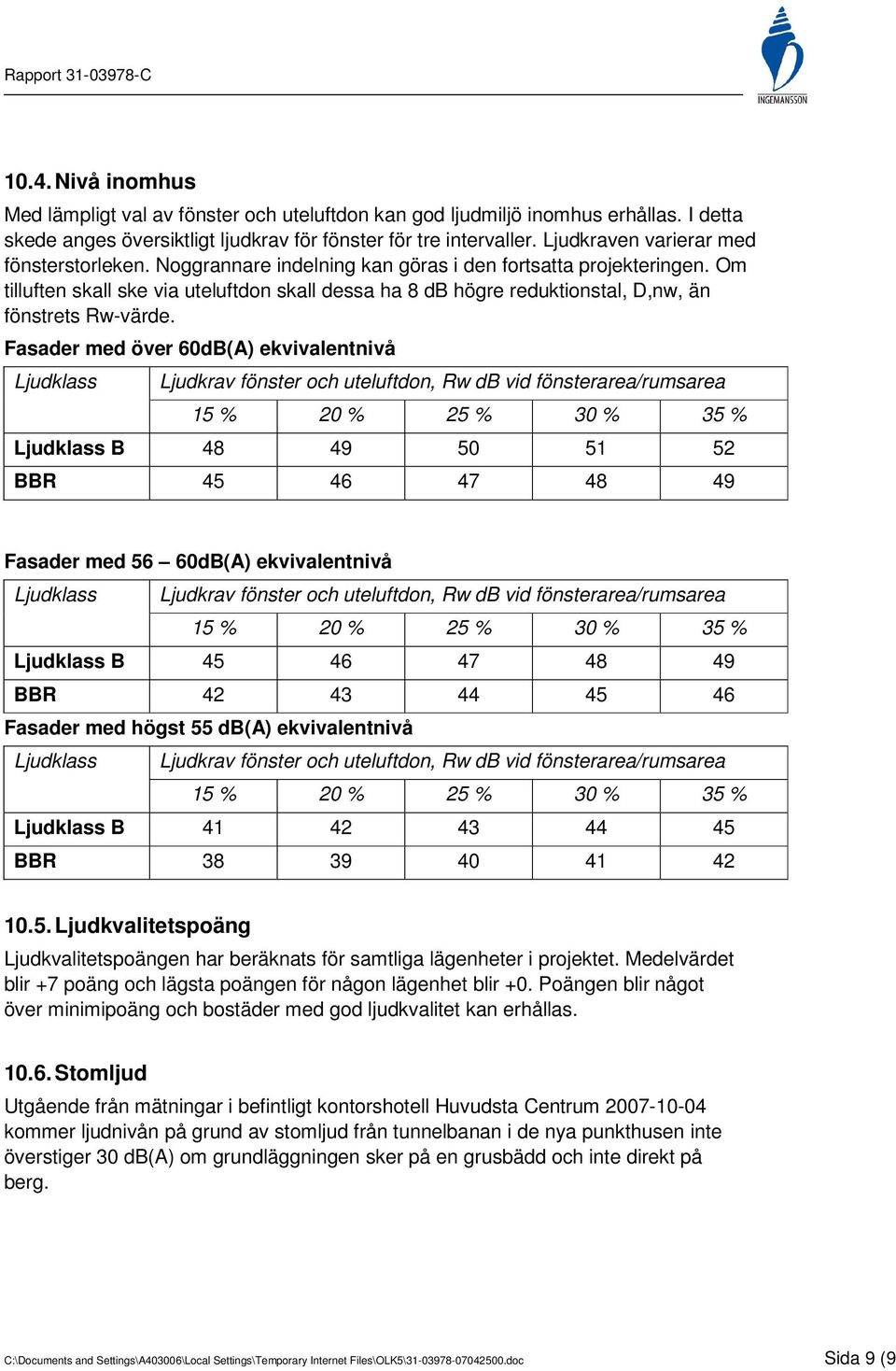 Om tilluften skall ske via uteluftdon skall dessa ha 8 db högre reduktionstal, D,nw, än fönstrets Rw-värde.