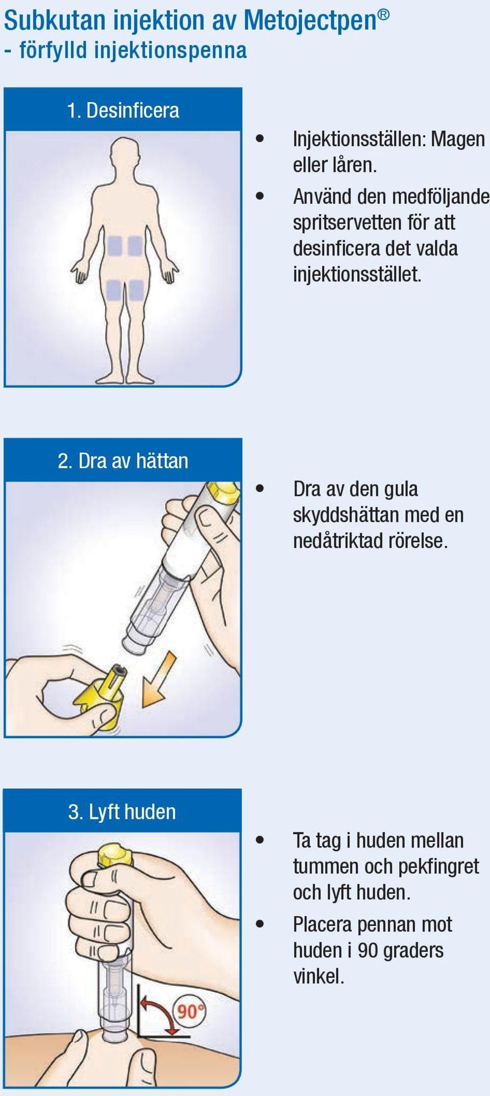 Använd den medföljande spritservetten för att desinfi cera det valda injektionsstället. 2.