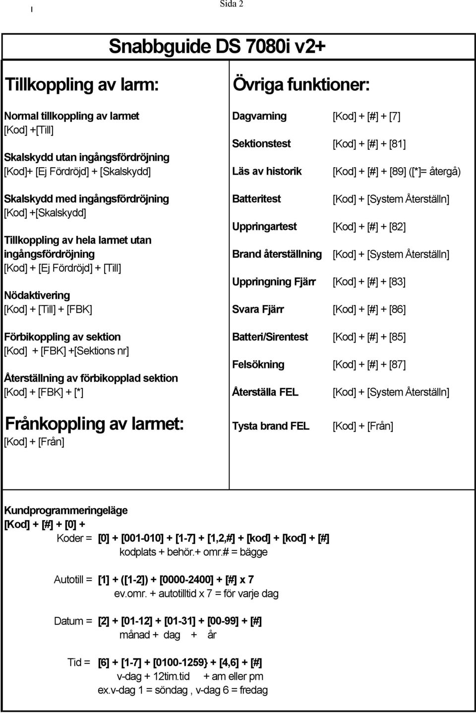 Uppringartest [Kod] + [#] + [82] Tillkoppling av hela larmet utan ingångsfördröjning Brand återställning [Kod] + [System Återställn] [Kod] + [Ej Fördröjd] + [Till] Uppringning Fjärr [Kod] + [#] +