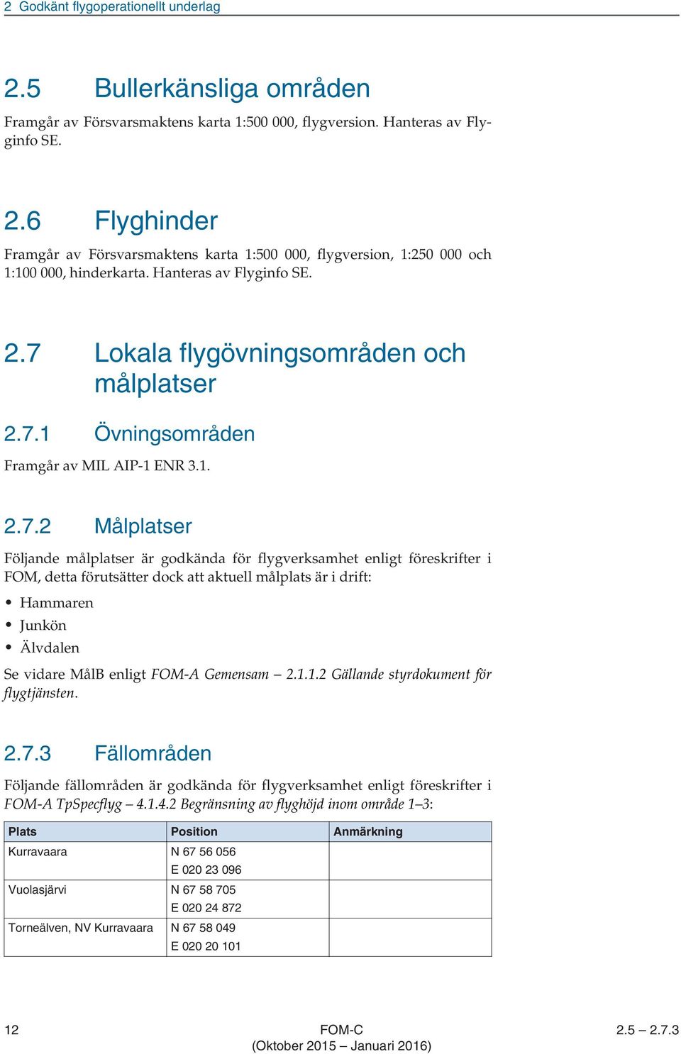 Lokala flygövningsområden och målplatser 2.7.