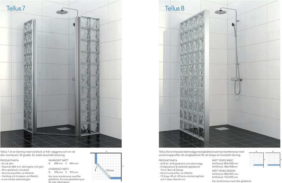 - En rak dörr - Glasmått 684 mm, tätningslist mot golv - 40 st glasblock i standard INVÄNDIGT MÅTT X: 898 mm Y: 895 mm X: 978 mm Y: 975 mm Kan även kombineras med fler glasblock. Se www.glasbetong.