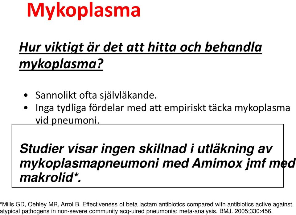 Studier visar ingen skillnad i utläkning av mykoplasmapneumoni med Amimox jmf med makrolid*.