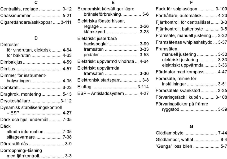 .. 7-35 Däck allmän information... 7-35 slitagevarnare... 7-38 Dörrar/dörrlås... 3-9 Dörröppning/-låsning med fjärrkontroll... 3-3 E Ekonomiskt körsätt ger lägre bränsleförbrukning.