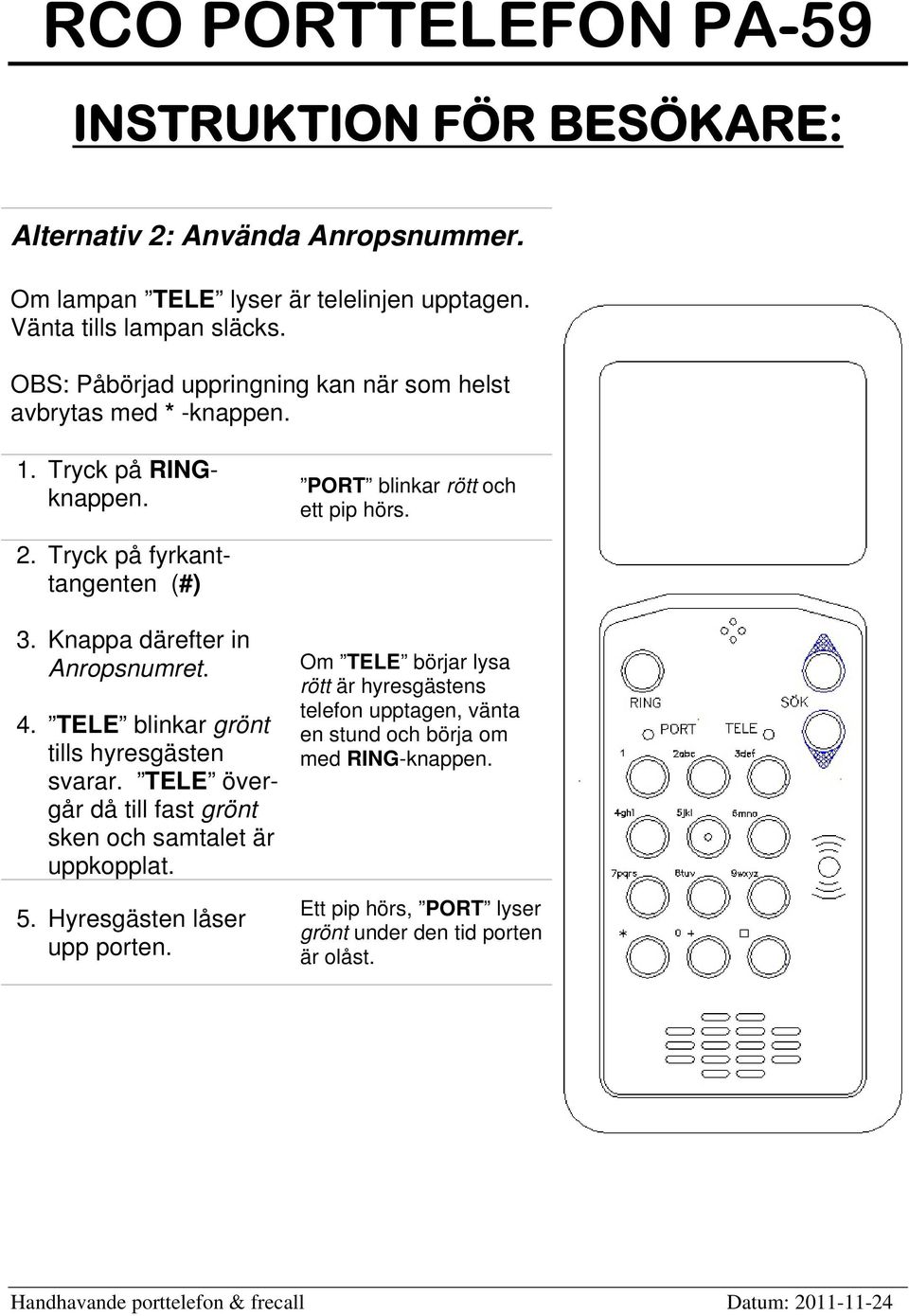 Knappa därefter in Anropsnumret. 4. TELE blinkar grönt tills hyresgästen svarar. TELE övergår då till fast grönt sken och samtalet är uppkopplat. 5.