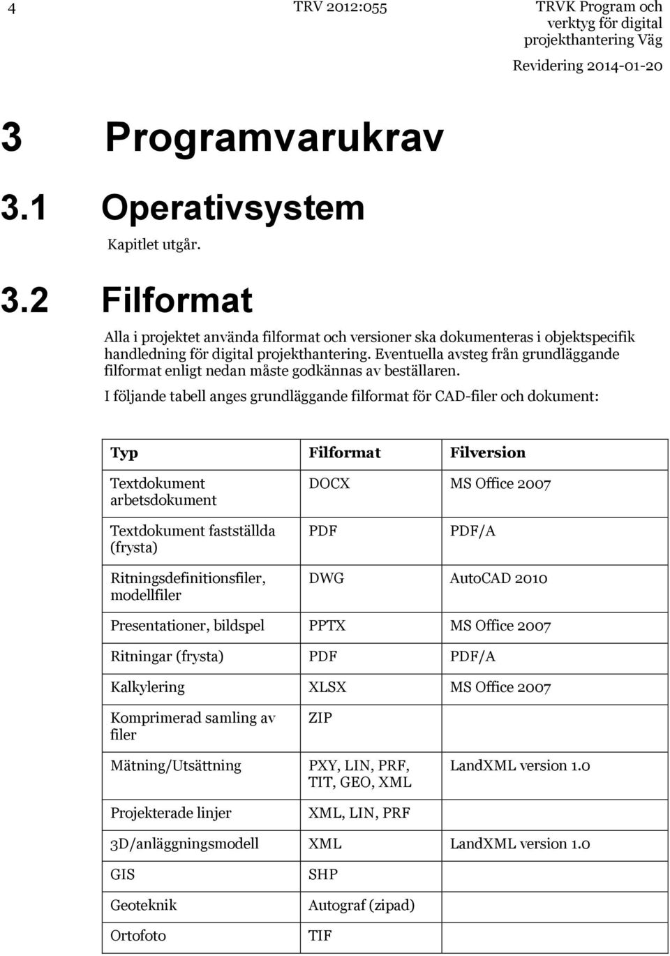 I följande tabell anges grundläggande filformat för CAD-filer och dokument: Typ Filformat Filversion Textdokument arbetsdokument DOCX MS Office 2007 Textdokument fastställda (frysta) PDF PDF/A